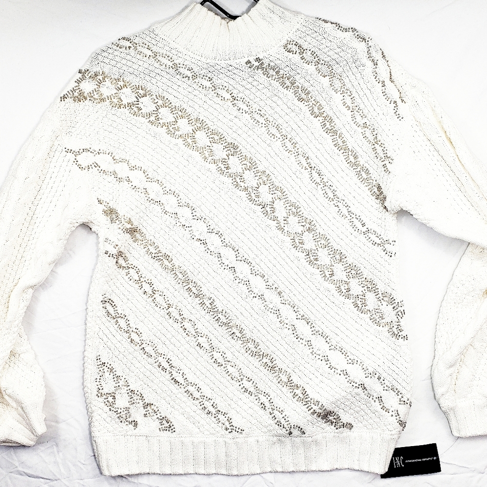 INC Mock Neck CREAM Sweater with Bead Detail